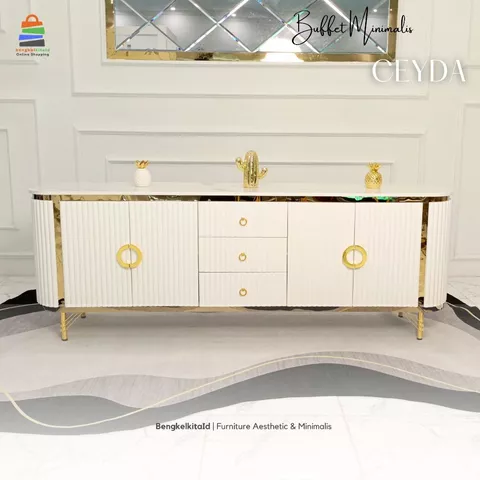 Meja TV Aesthetic Meja Buffet TV Kayu Solid - MEJA CEYDA - 210cm Cat Duco Glossy Mewah