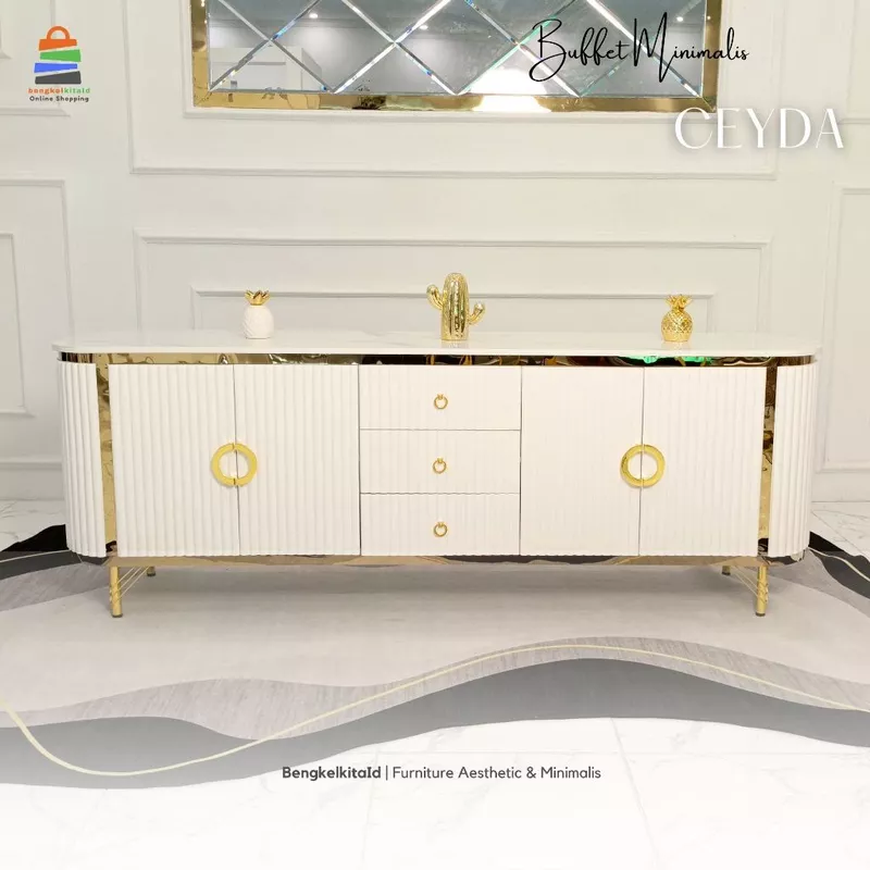Meja TV Aesthetic Meja Buffet TV Kayu Solid - MEJA CEYDA - 210cm Cat Duco Glossy Mewah