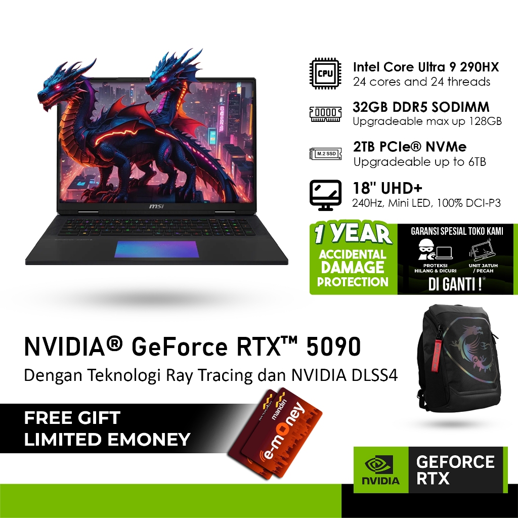 MSI TITAN 18HX A2WJ-1233 GeForce RTX™ 5090 24GB - ULTRA 9 290HX 64GB 2TB WINDOWS 11 18.0 INCH UHD+ MINILED 240HZ
