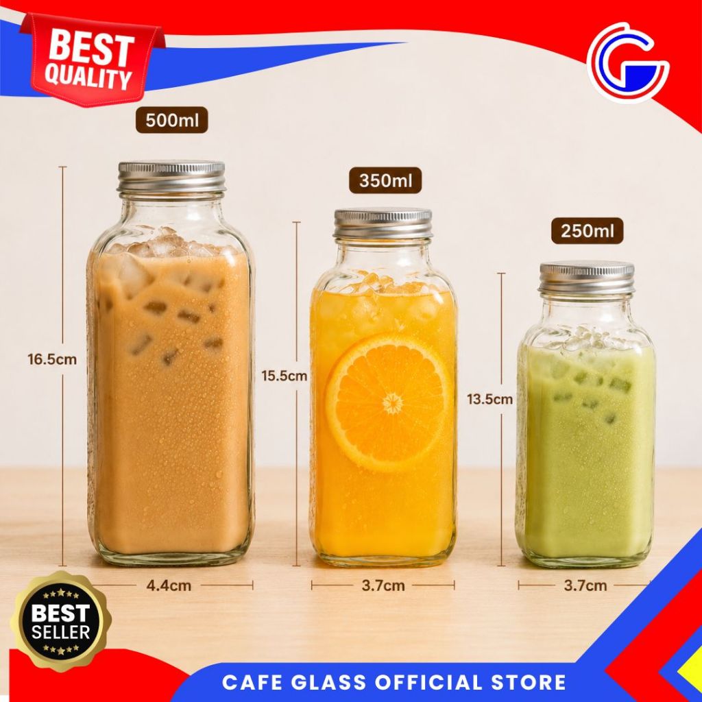 Botol Kaca Kotak Tutup Ulir - 250Ml, 350Ml, 500Ml - Botol Jus Jamu Kopi Susu Bening Estetik