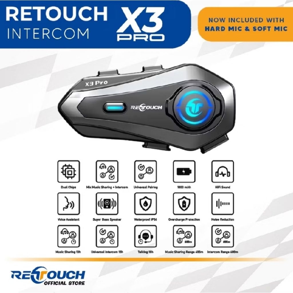 Jual RETOUCH X3 PRO intercom Bluetooth Helmet call | music Sharing ...