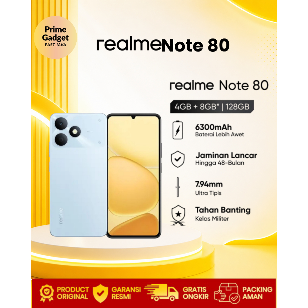 Prime Gadget- realme Note 80 4/64GB 4/128GB (12GB Dynamic RAM) Garansi Resmi Indonesia Original BNIB | 6300mAh Baterai Besar | ArmorShell Protection | IP54 | HP Murah Terbaru 2026