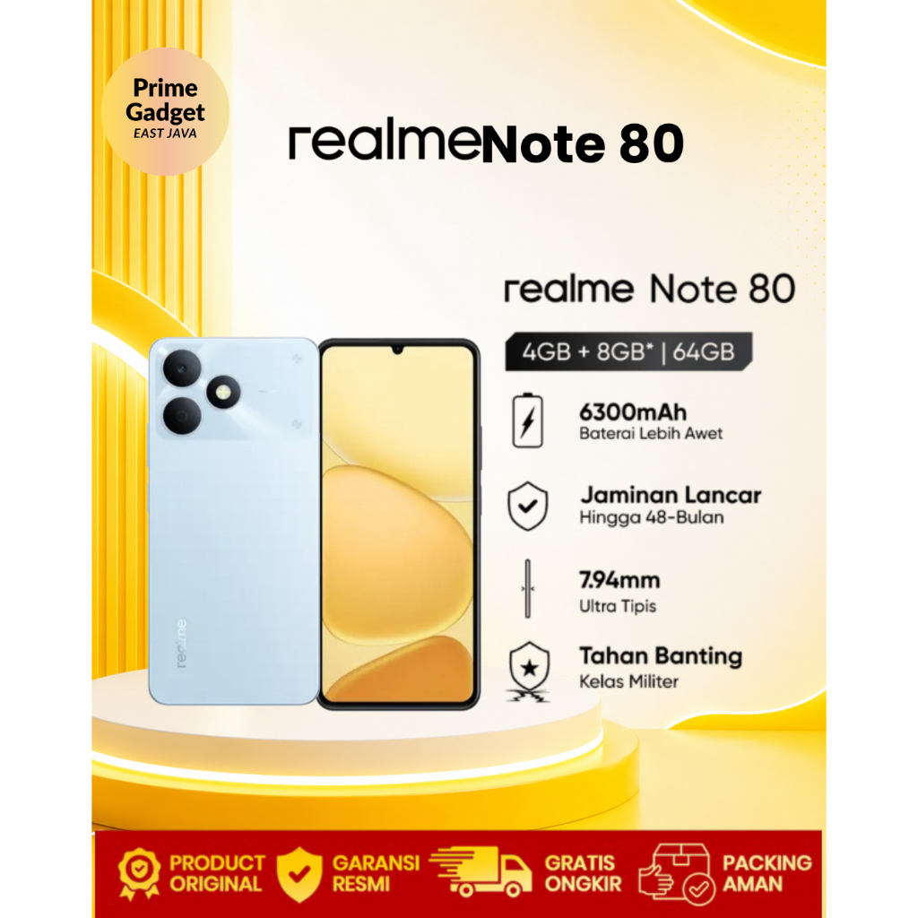 Prime Gadget- realme Note 80 4/64GB 4/128GB Garansi Resmi Indonesia HP Android Murah Original 6300mAh Baterai Besar IP54 RAM 12GB Extended