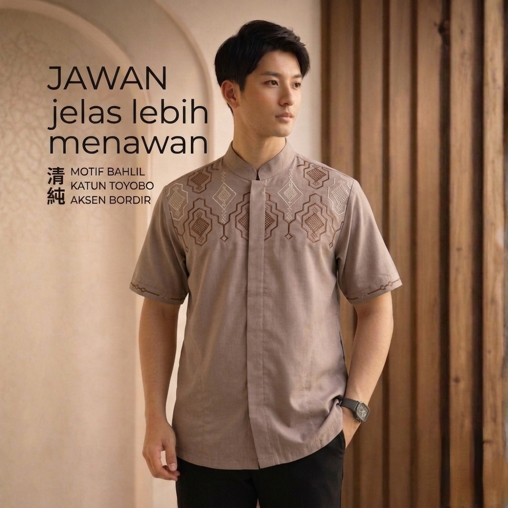 Baju Koko Pria Lengan Pendek Bordir Bahan Katun Toyobo Warna Coklat