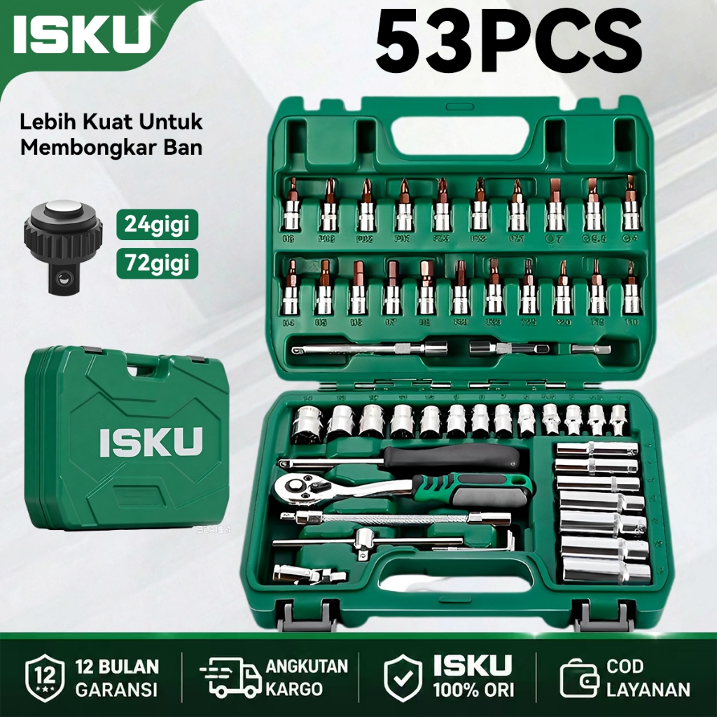 ISKU Kunci Shock Set 53pcs Kunci Pas Kunci Sok set Shocket Wrench 1/4" Paket Kunci Sok Perkakas Peralatan Reparasi Tool Set Toolkit set