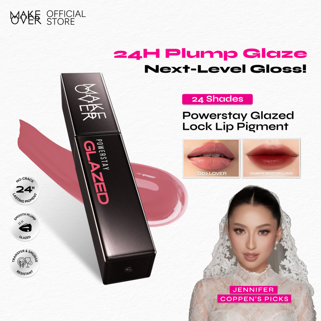 MAKE OVER Powerstay Glazed Lock Lip Pigment - Lip Glazed Plump Gloss Next Level Lip Cream Transferproof Pigmented Tahan Lama 24 Jam Ringan Lipstick Long Lasting Somethin Time Less w Maybe Euphoria