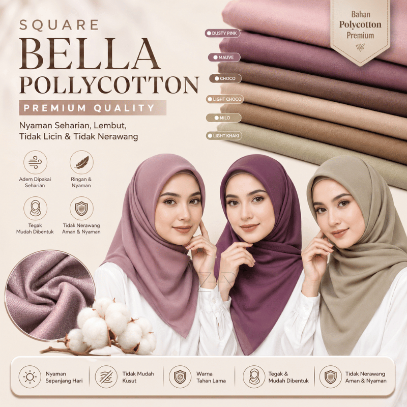 Hijab Bella Square Polycotton Premium Anti Letoy | Jilbab Segiempat Polos | Kerudung Segiempat 50 Warna Pilihan