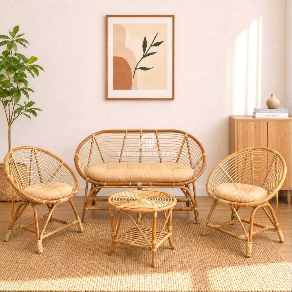 1 SET Kursi Teras Kerang Rotan XL dan Bantal / Kursi Sofa Ruang Tamu Rotan Asli Minimalis / Kursi Santai Outdoor