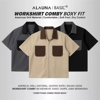 Alauna Basic - Kemeja Boxy Workshirt Pria Oversized Comby Basic Zipper Besi Premium