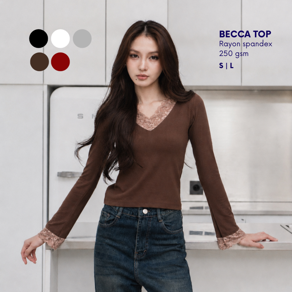 Jual LADOUCE - Becca Long Sleeve Lace Top Rayon Spandex Atasan Renda ...
