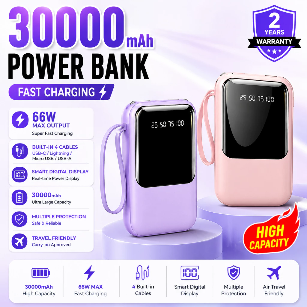 LIANGWE LENTIVEN Powerbank mini Portable Fast Charging 20W LCD 30000 mAh with Kabel data TYPE C