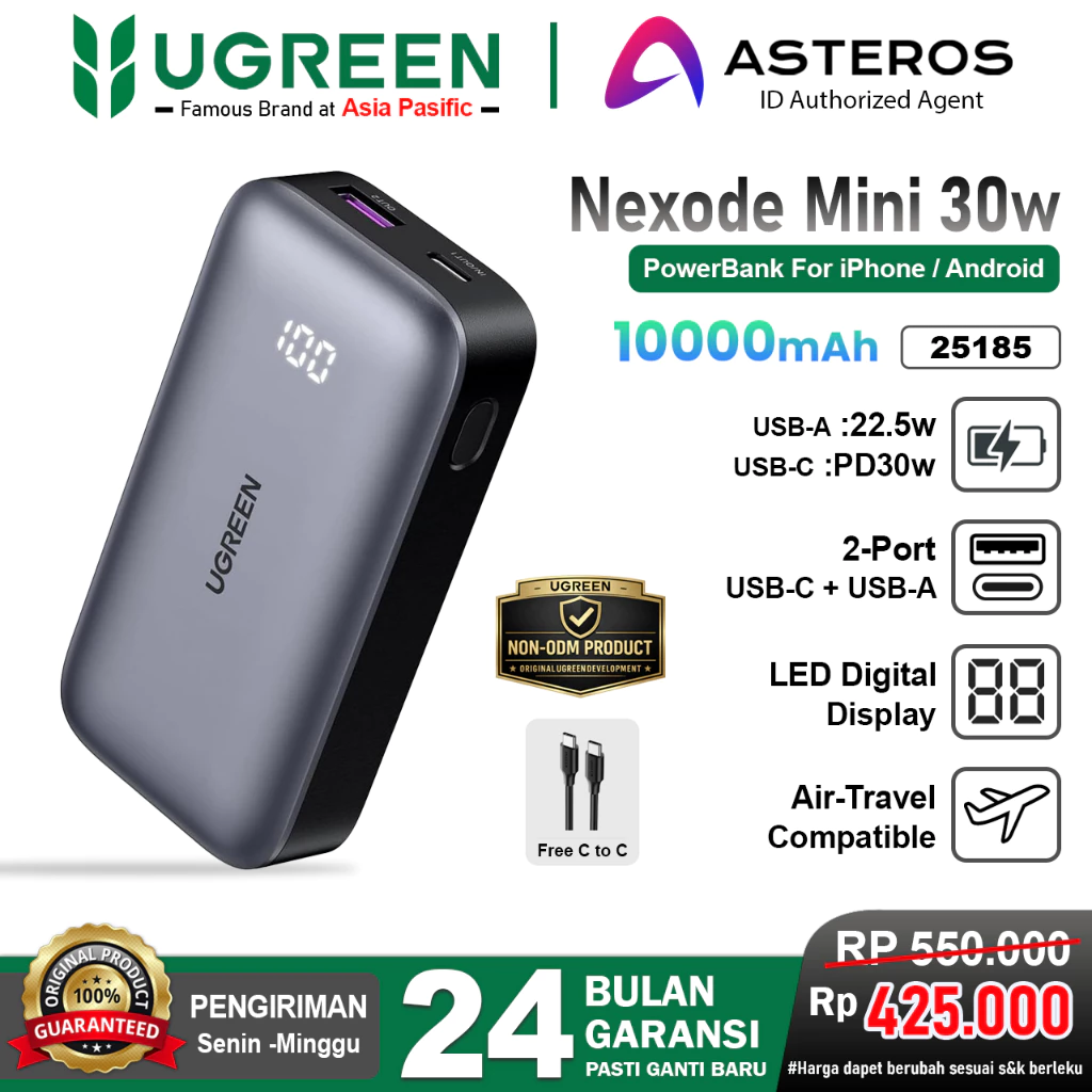 UGREEN Nexode Powerbank 10000mAh Mini Fast Charging 30w Dual Port USB C + USB A PD3.0 25185