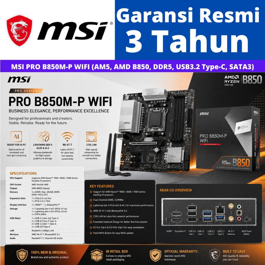 Jual MSI PRO B850M-P WIFI (AM5, AMD B850, DDR5, USB3.2 Type-C, SATA3 ...