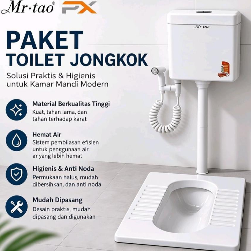 Mr.Tao Kloset Jongkok Set Lengkap Model Terbaru Lebih Kecil Minimalis Material Keramik Dual Flush Anti Selip Hemat Air