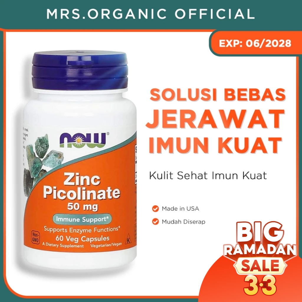 Jual NOW Zinc Picolinate 50mg 60 Capsule - imun flu jerawat rambut ...