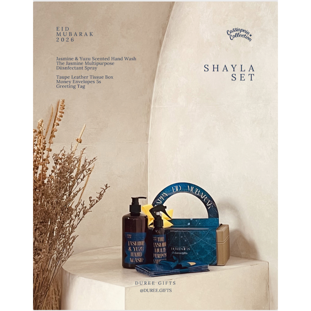 Eid Mubarak Hampers Leather Tissue Box | RHEA SHAYLA TILLA VARRAH | Cassiopeia Collection Duree Gifts x Teman Mandi | Bingkisan Hampers Lebaran Idul Fitri 2026 Mewah | Scented Candle Hand Wash Sanitizer Spray Bath Salt Jasmine Orange Bloom