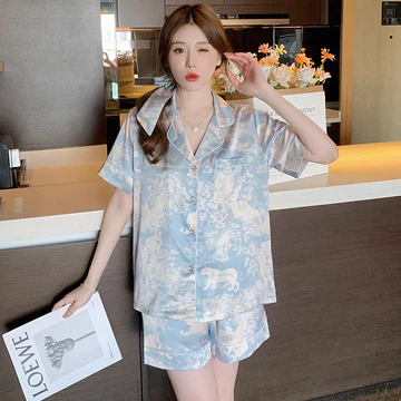 Set Piyama Lengan Pendek Wanita Satin Tie Dye Gaya Korea Kelas Atas