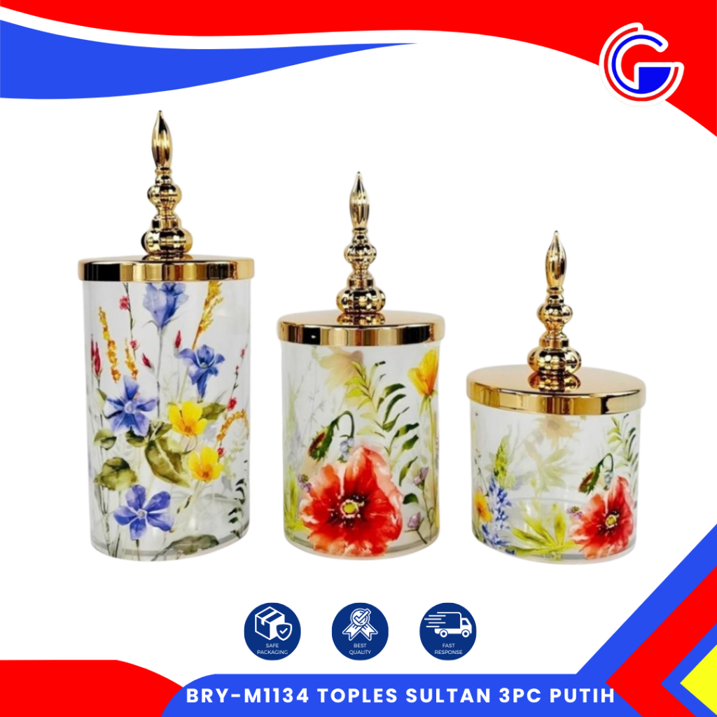 Toples Bunga Mekar Putar 3Pcs - Toples Lebaran 1 Set Murah - Wadah Akrilik Kedap Udara