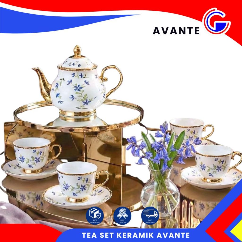 Avante Tea Set Keramik 4 Cangkir Lepek 1 Teko List Emas - Tea Set 220Ml Cup & Saucer & Tea Pot - Hampers Lebaran Wedding Gift Box