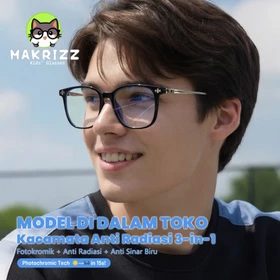 MAKRIZZ Kacamata Retro Photochromic Anti Radiasi Blueray 3in1 Oversize Wanita Pria Minus Hitam