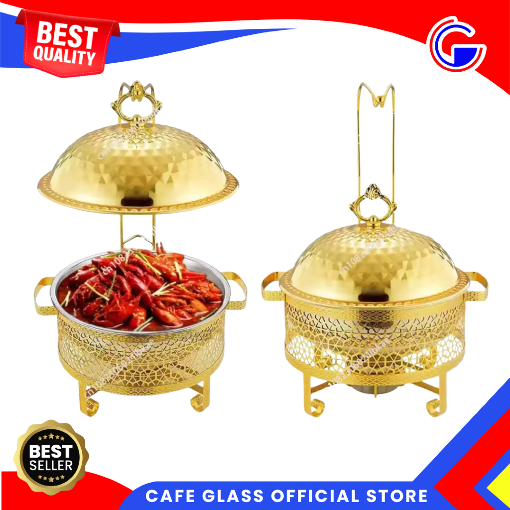 Prasmanan Set Stainless 8L Sekat Sultan Gold - Tudung Saji Makanan Bulat Mangkok Stainless - Hanging Chafing Dish