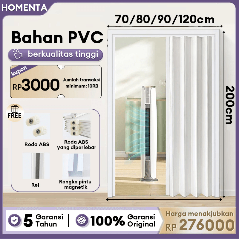 Homenta Pintu Lipat PVC Folding Door Geser 195*70CM/200*80CM for kamar tidur Penyekat Ruangan pintu kamar mandi pvc