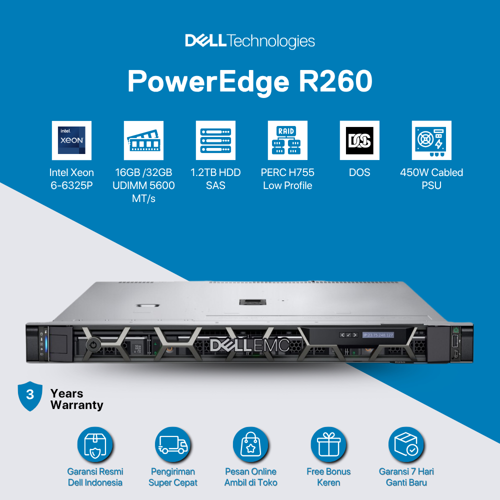 Jual Dell PowerEdge R260 Server [Intel Xeon 6-6325P-16GB-1.2TB SAS-DOS ...
