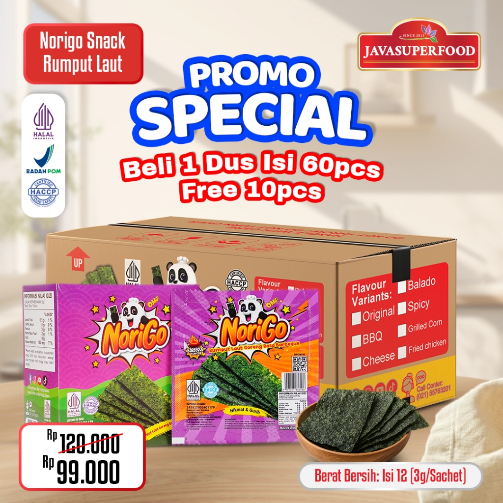 Jual (BELI 1 DUS FREE 10 PCS) Norigo Nori BBQ Sachet Seaweed Snack 3g ...