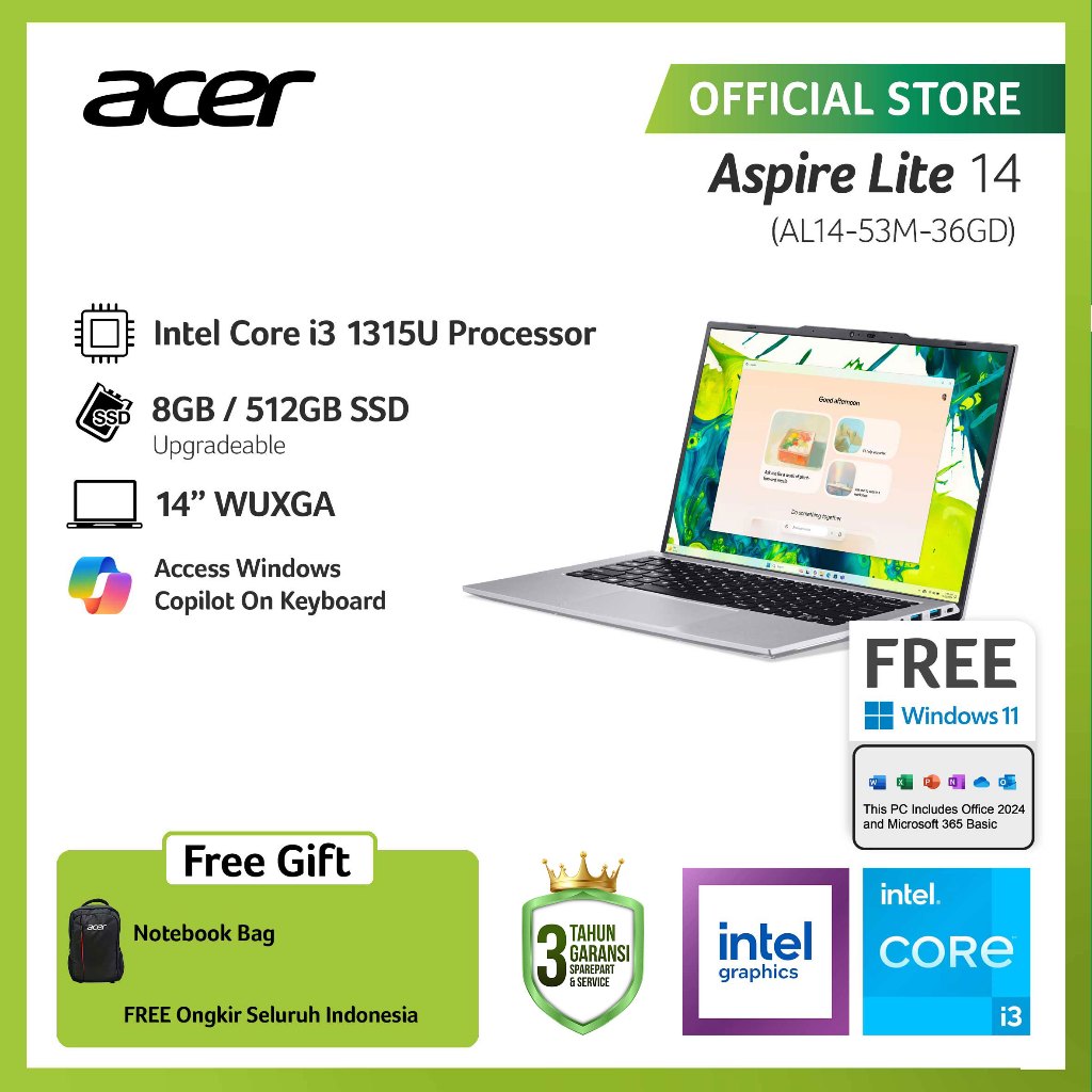 (Harga Spesial) ACER LAPTOP ASPIRE LITE 14 AL14-53M-36GD 14" WUXGA INTEL CORE I3-1315U RAM 8GB STORAGE 512GB SSD INTEL UHD GRAPHICS WINDOWS 11
