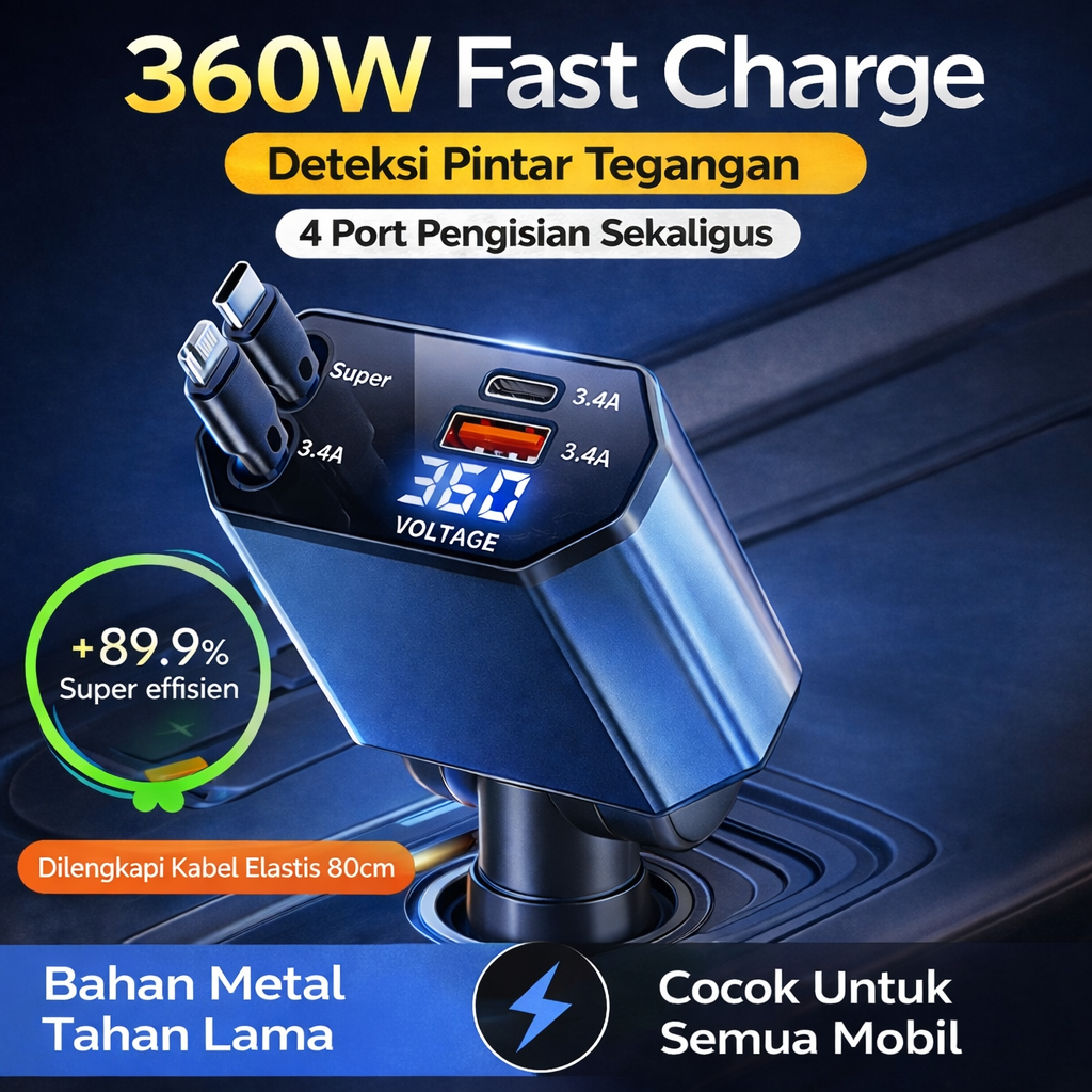 Jual COD Charger Mobil 4 In 1 360W PD Fast Charging Colokan Mobil 4 ...