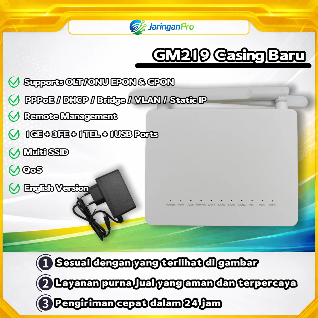 GM219 Casing Baru ONU/ONT XPON Modem Router WiFi 2.4GHz 1GE + 3FE Unlock Support PPPoE Bridge VLAN Remote– Stabil & After Sales Terjamin