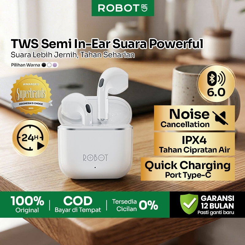 [ TERLARIS ] ROBOT Earbuds Wireless Bluetooth 5.3 TWS Airbuds Bass Kuat Low Latency Smart Touch Control Tahan Percikan Air Audio Jernih Stereo Earbud Nirkabel Original Cocok untuk Musik & Game Original Garansi Resmi 12 Bulan - T50S White
