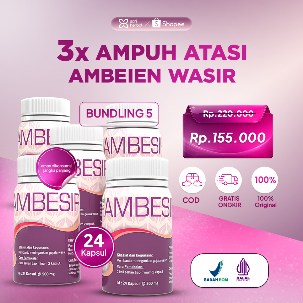 [PAKET BUNDLING 5] AMBESIR 24 Kapsul - Obat Ambeien Ambeyen Wasir Ekstrak Daun Ungu KEMBANG BULAN ORI BPOM Halal Aman