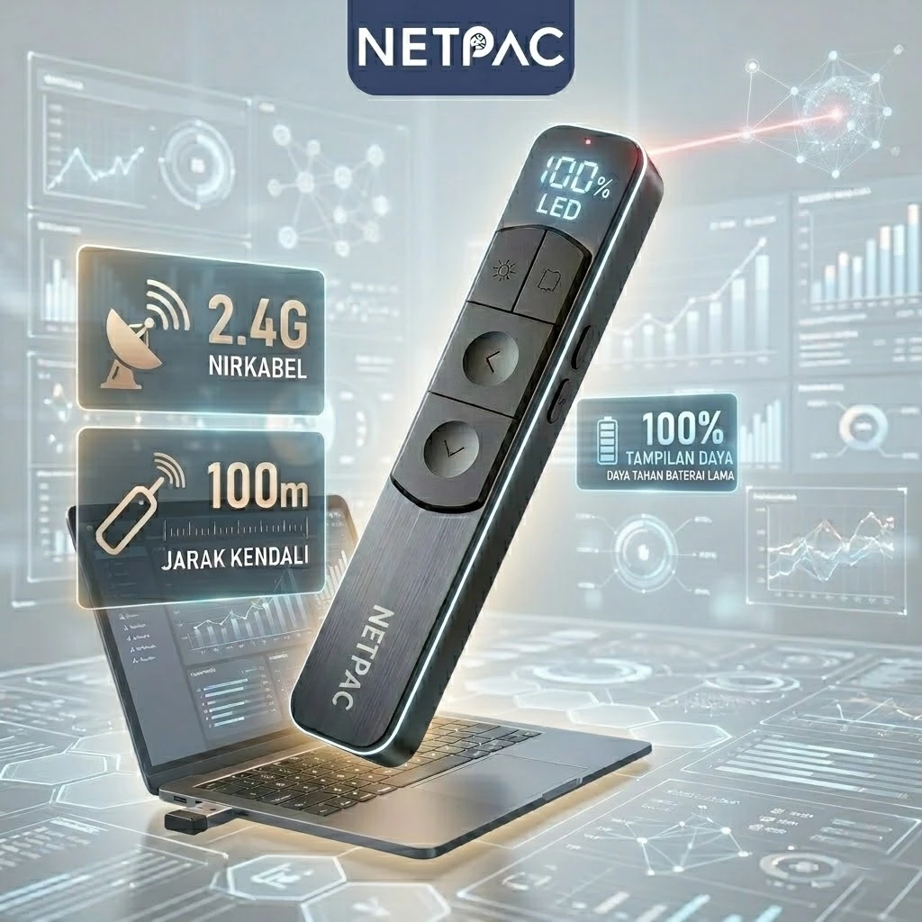 NETPAC wireless presenter dengan layar LED digital menunjukkan level baterai