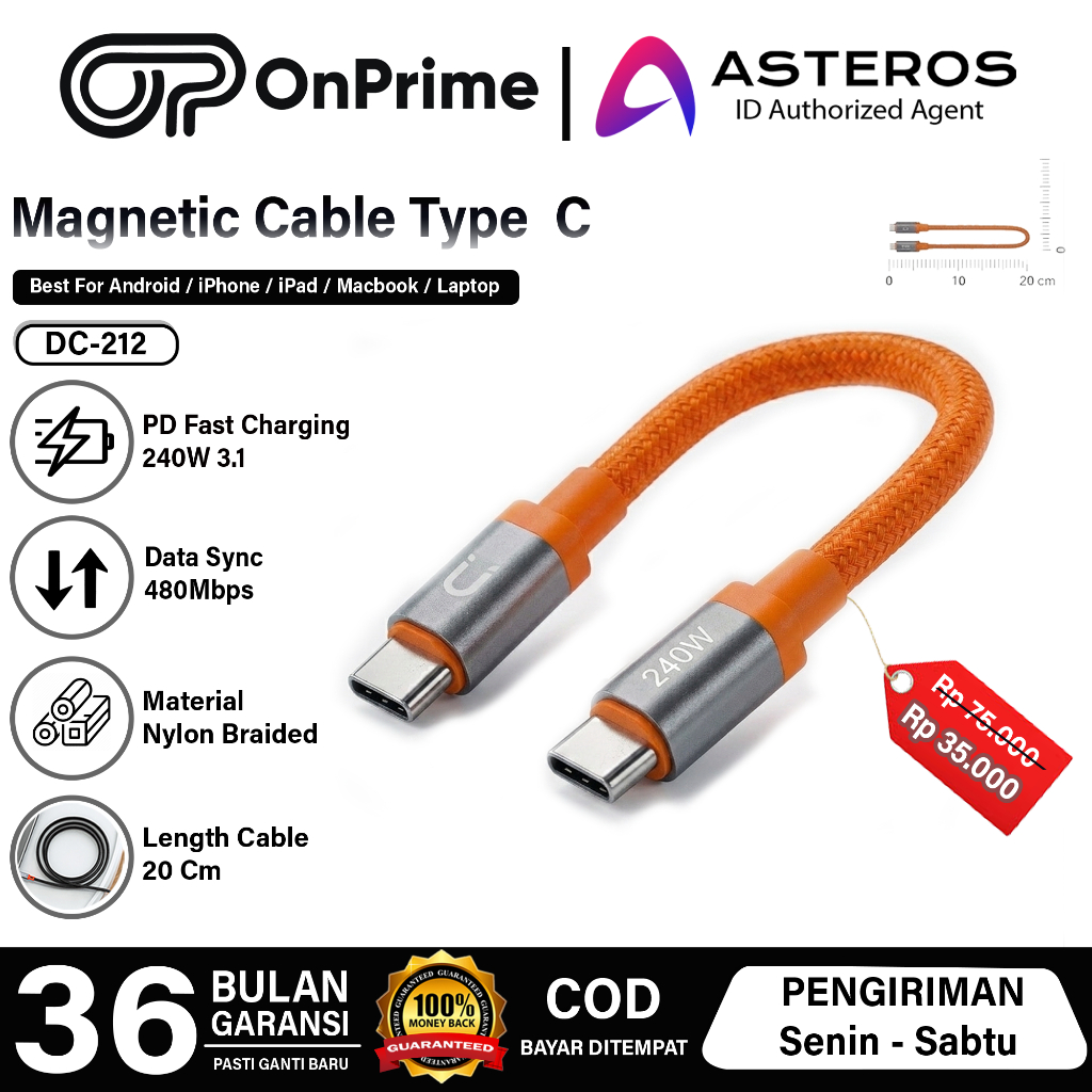 Jual ONPRIME Kabel Magnetic PD Type C To Type C Fast Charging 240W PD 3 ...