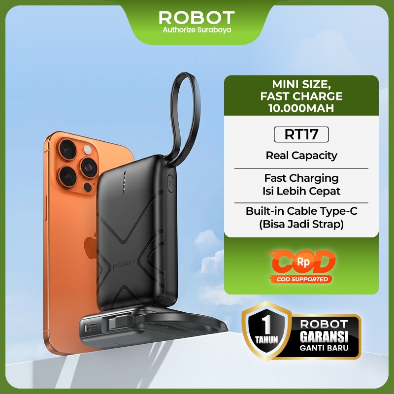 ROBOT Powerbank Mini 10000mAh Fast Charging Power bank Travel 37Wh Kabel USB to Type C RT17 - Garansi 1 Tahun