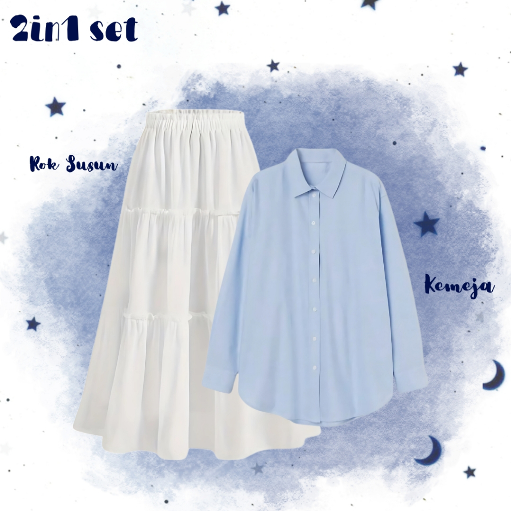 Jual Outfit Set Bonnie Setelan ( Kemeja + Rok Susun + Vest Diamond Biru ...