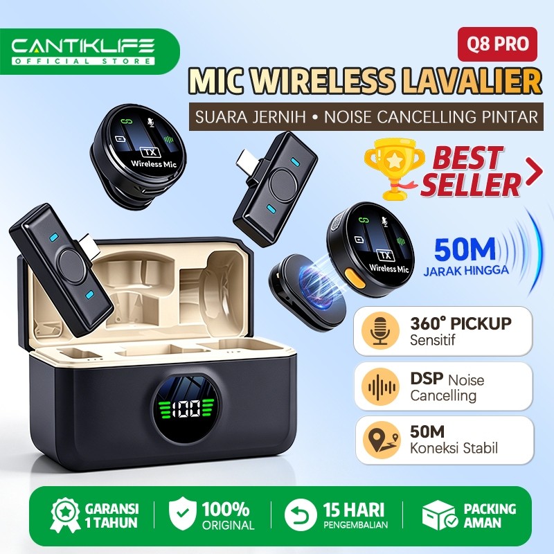 Cantiklife Q8 Mikrofon Wireless Clip On Magnetic Dual Lavalier Mic HP IOS Type C Plug & Play dengan Charging Case untuk Live Streaming TikTok YouTube Rekaman Video