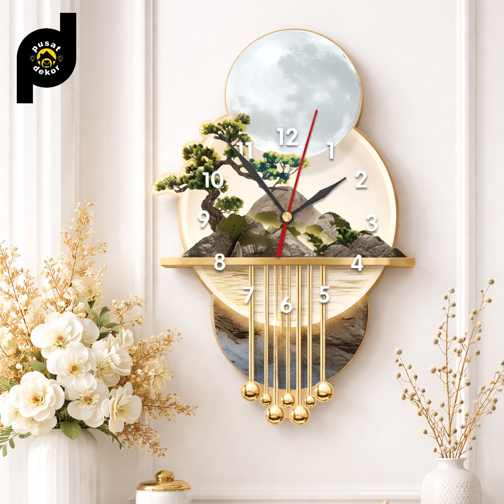 Jam Dinding Aesthetic Lampu LED Motif POHON GUNUNG Dekorasi Ruang Tamu Kamar Tidur
