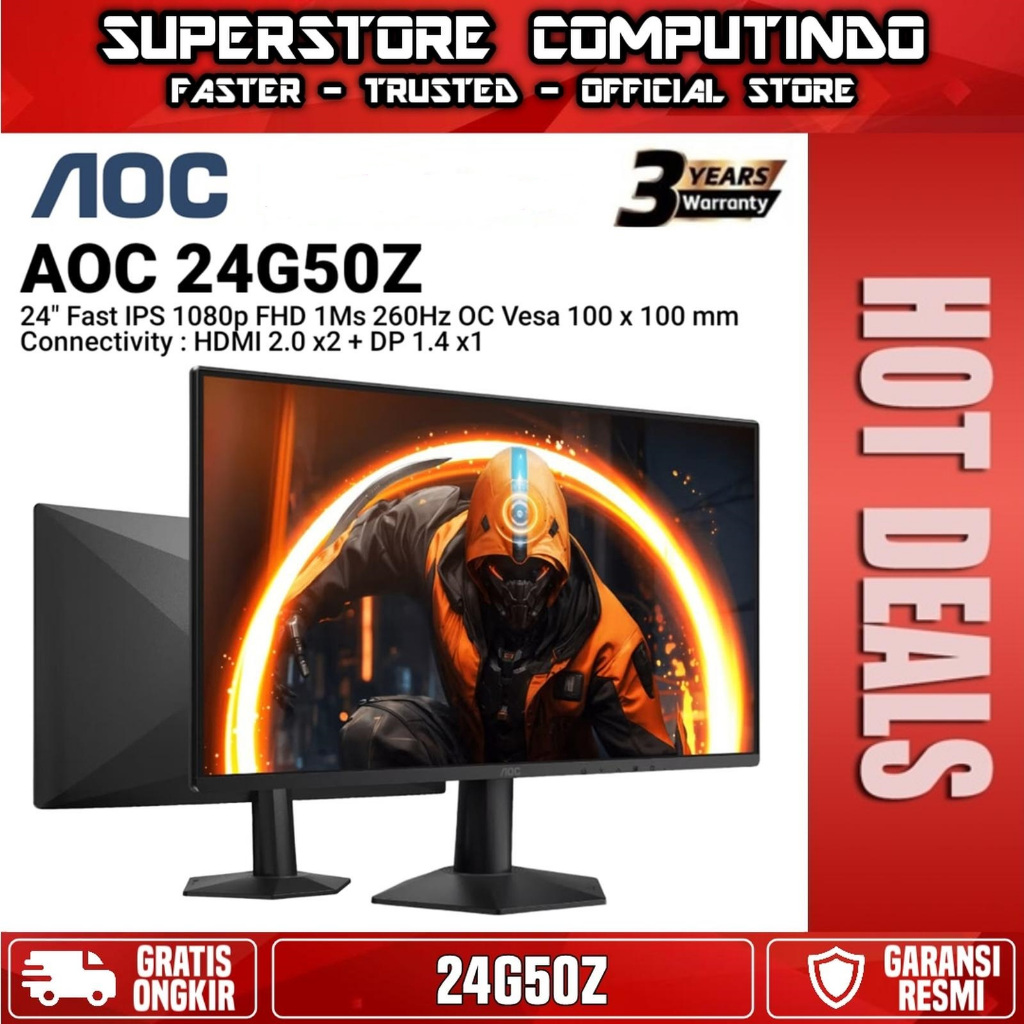 Monitor LED AOC 24G50Z 24" Fast IPS FHD 1080p 240Hz OC 260Hz 1ms HDMI 2.0x1 DP 1.4x1 Flicker Free Technology Reduces Flicker to give you a more comfortable gaming experience