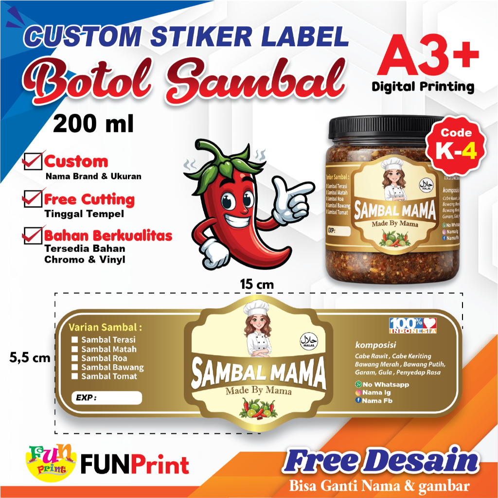 Jual Cetak Stiker Sambal Label Toples Botol Kemasan 200 gram Bisa ...