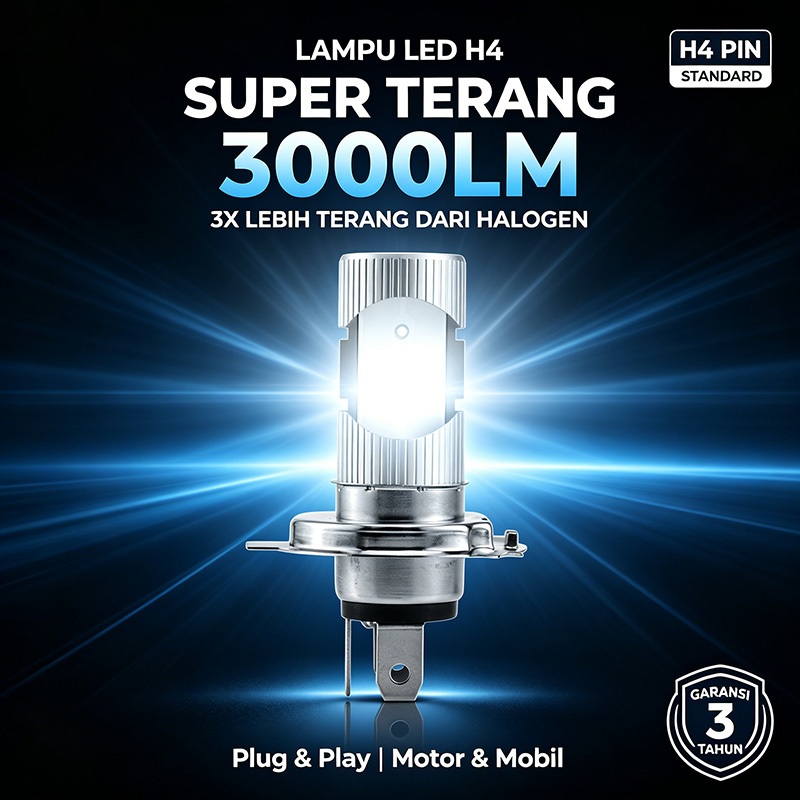 Lampu LED H4 Motor Mobil Super Terang 3000LM – Tidak Silau – Plug & Play – IP68 – Garansi 3 Tahun | CED
