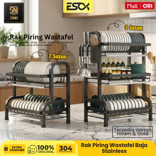 ESOK Rak Pengering Penyimpanan Piring Wastafel 2/3 Susun Baja Stainless Steel Penghemat Ruang Dapur