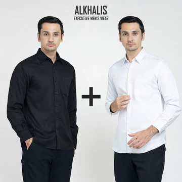 Paket 2 Pcs Cuma 90Ribu Kemeja Pria Premium Polos Lengan Panjang Baju Kerja Slimfit Hitam Putih