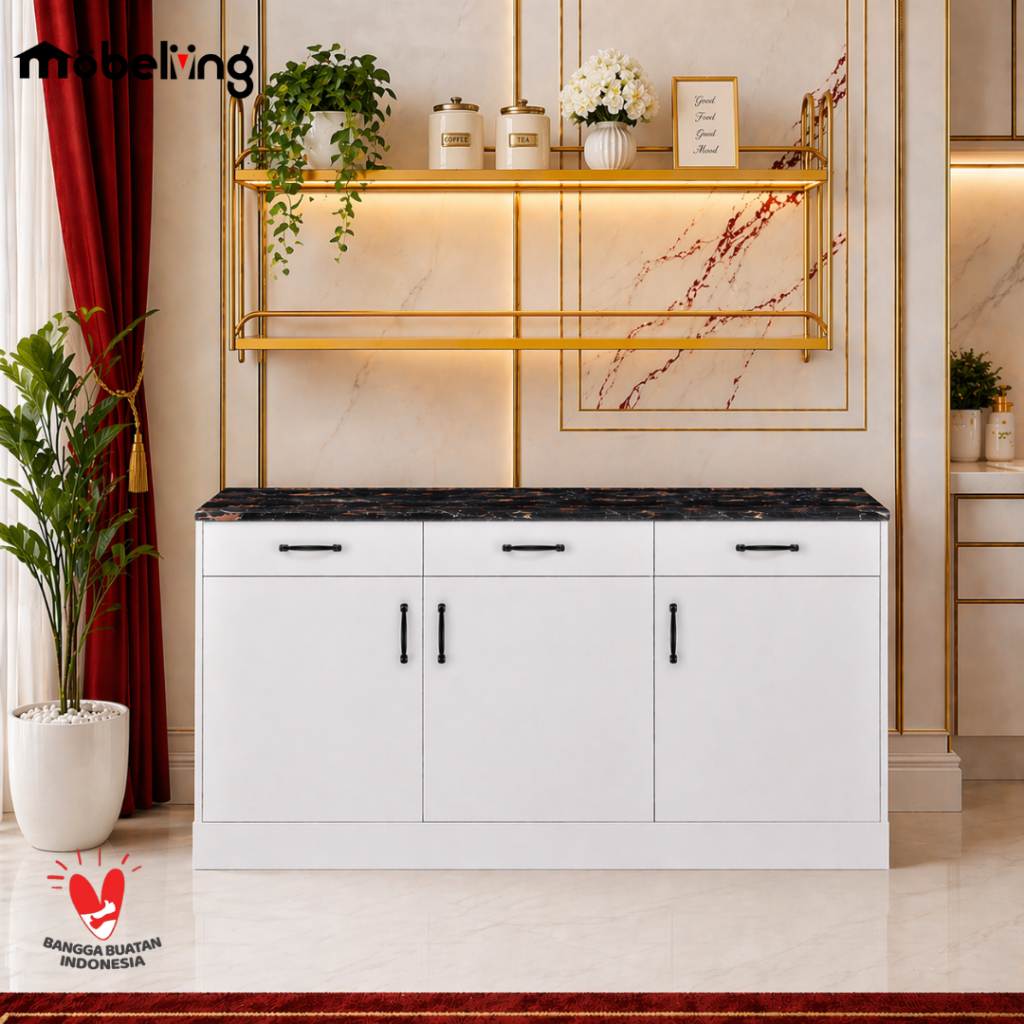 Jual Mobeliving - Kitchen set VENEZIA Bawah 3PT - Putih Top Table Hitam ...