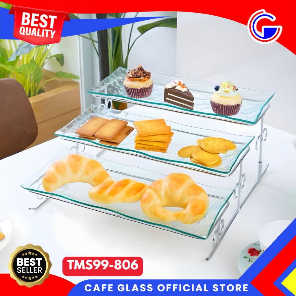 Viera Serving Tray Susun Kristal - Mangkok Kaca Piring Saji Rak Besi - Tempat Kue Display Prasmanan