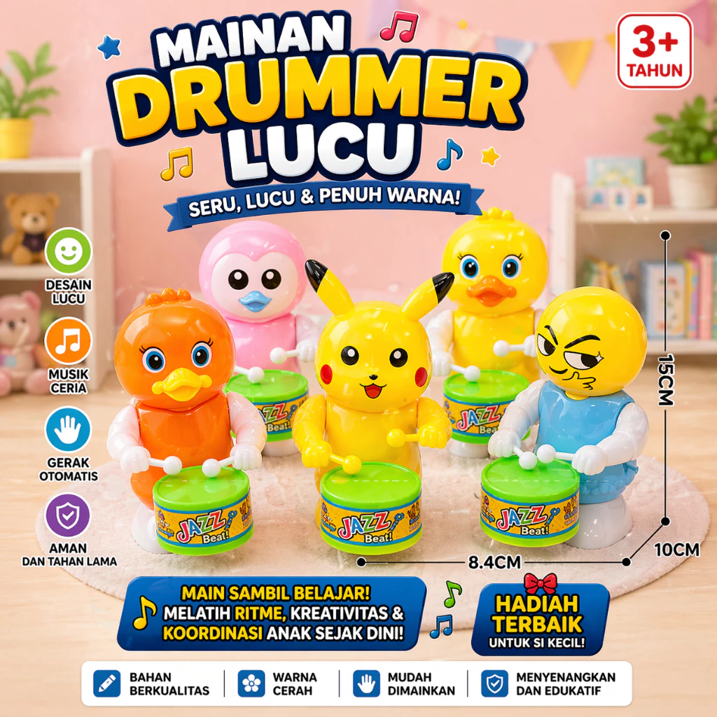 Mainan Anak Drum Putar Tambur Wind Up Karakter Hewan Koleksi Kartun Lucu Viral Bayi Dino Kuning