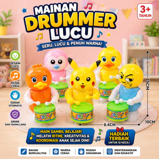 Mainan Anak Drum Putar Tambur Wind Up Karakter Hewan Koleksi Kartun Lucu Viral Bayi Dino Kuning