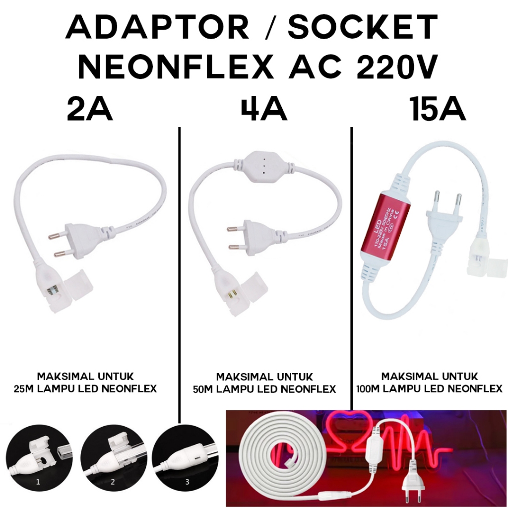 Jual Socket Colokan NEONFLEX LED Model JEPIT AC 220V Adaptor Soket Neon ...
