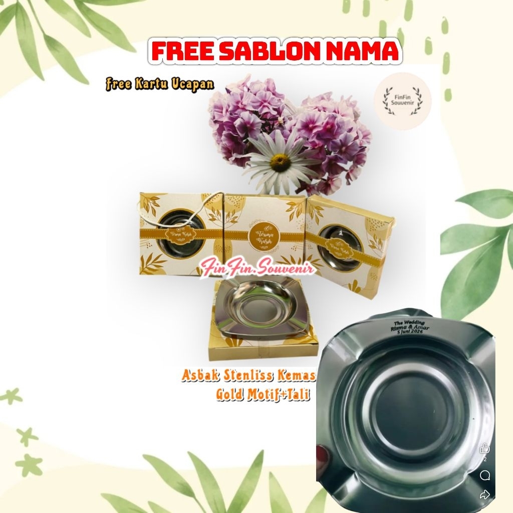 (isi 100pcs) Souvenir asbak Stenlis kemasan box motif Free Sablon Nama & kartu ucapan souvenir pernikahan
